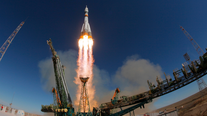 The Soyuz rocket carrying U.S. astronaut Nick Hague and Russian cosmonaut Aleksey Ovchinin.